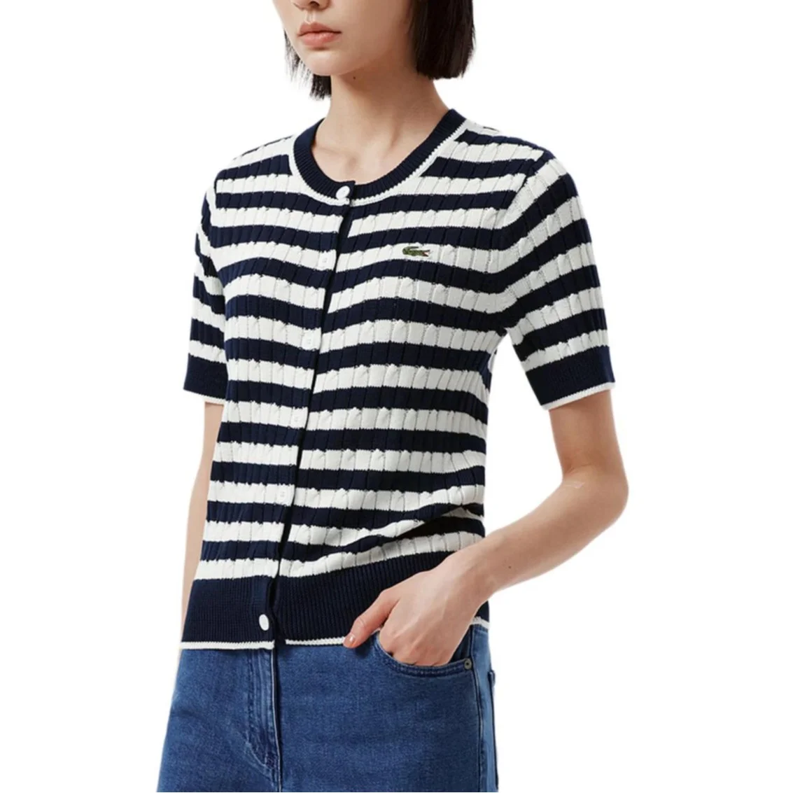 Вязаный свитер женский LACOSTE, с V-образным вырезом, Navy Blue/White Multicolor