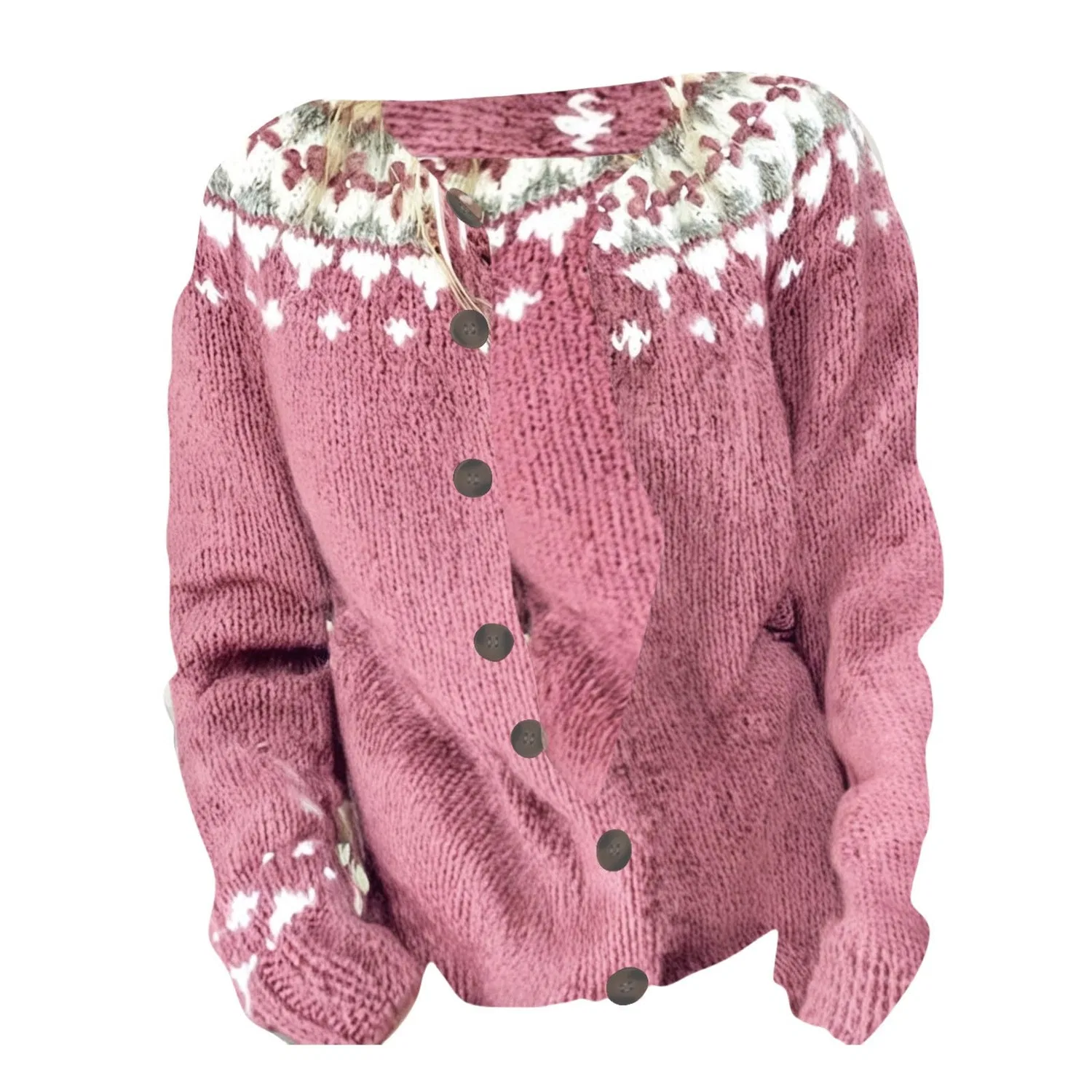 Женский кардиган с нордическим узором Fair Isle с длинным рукавом, # Pink — фото 3