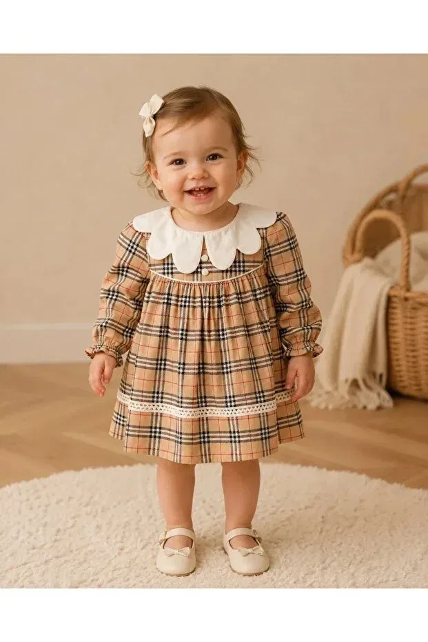 Детское платье для девочек с принтом Tuğra Bebe, Beige