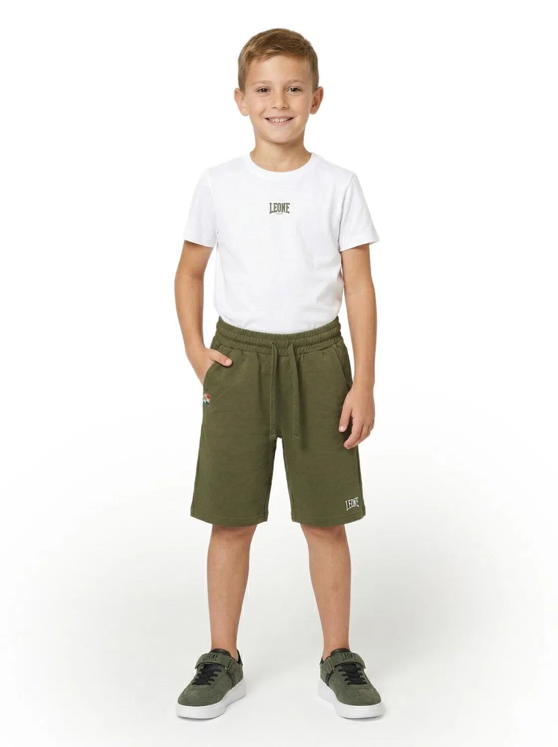 Детский спортивный комплект из футболки и шорт с принтом Leone 1947 Apparel, Weiss / Dschungelgrun — фото 3