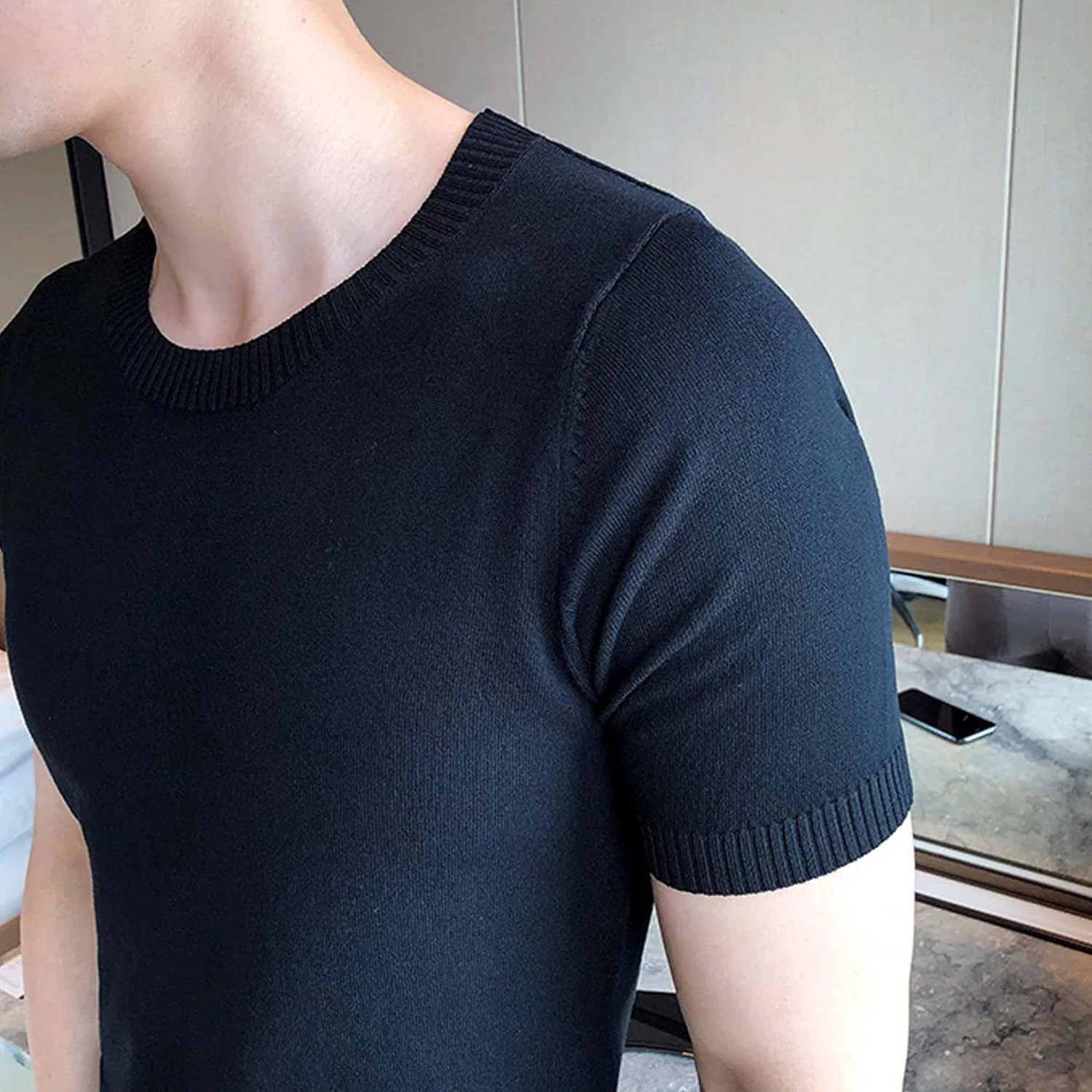 Мужская повседневная футболка с хенли-воротником, Black — фото 3