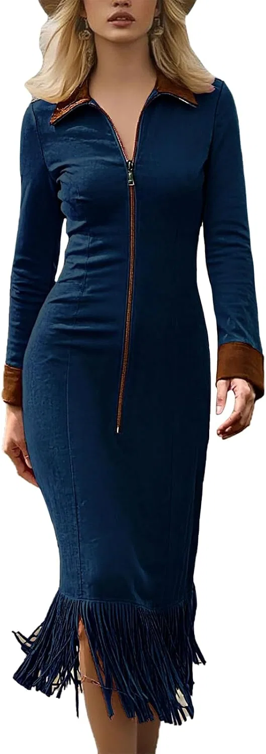 Женское платье из искусственной замши с рюшами Retro Irregular Ruffle Lapel, синий