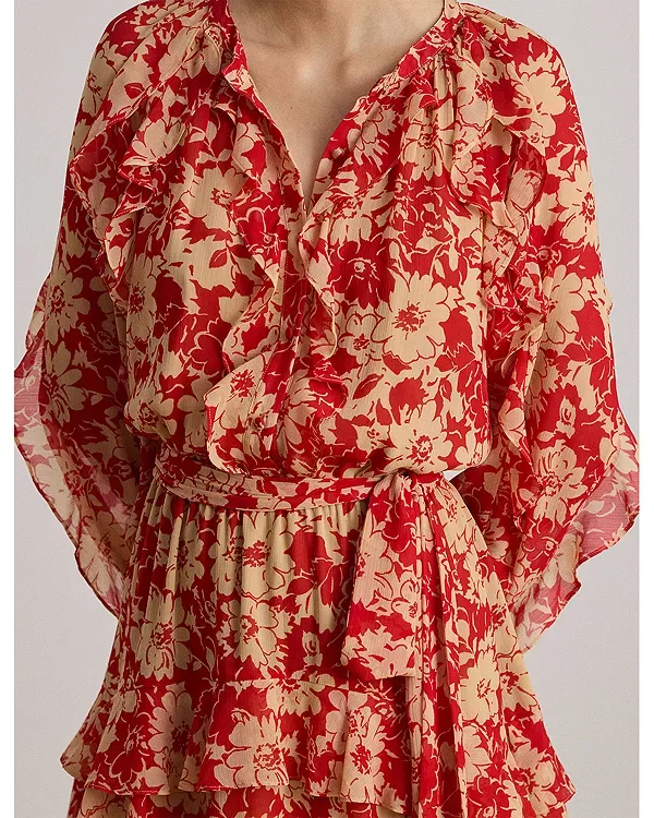 Платье из жоржета с многоярусной юбкой и оборками с принтом Ralph Lauren, Red/Tan — фото 4