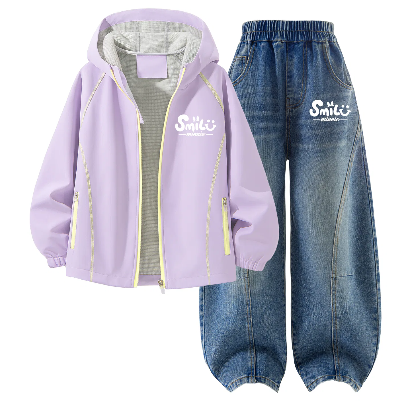 Детский комплект спортивной одежды с капюшоном и принтом, Thick Board D-Shaped Smile K, Disney, Hyacinth Purple + Denim Blue