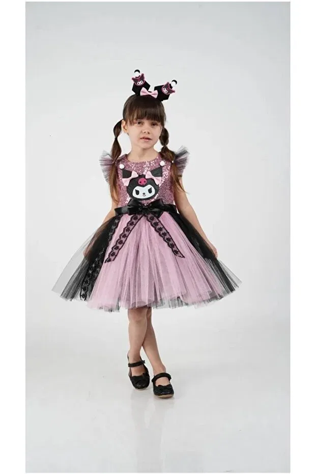 Детское платье для девочек с принтом Kuromi Crown Accessory Extraçarşi, Pink-Black 1 — фото 3