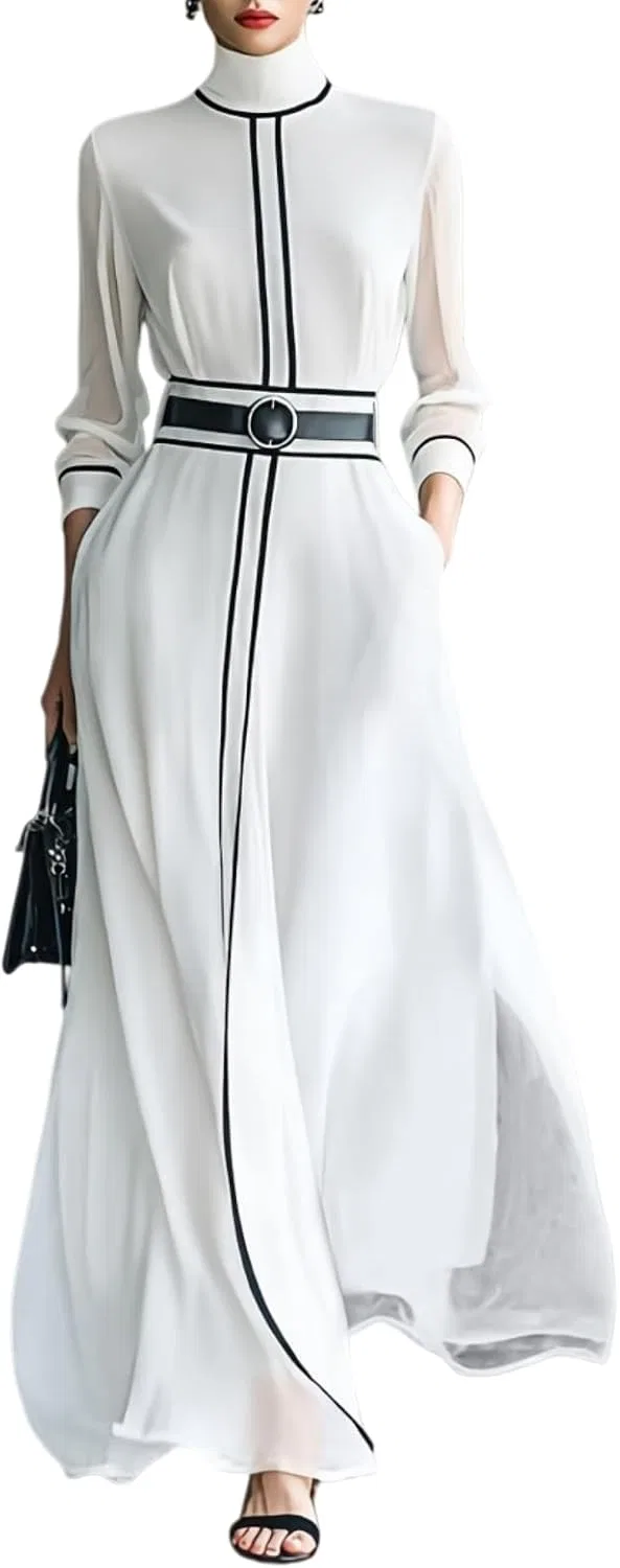 Женское платье миди с цветовой блокировкой High Neck Long Sleeve Dress, White