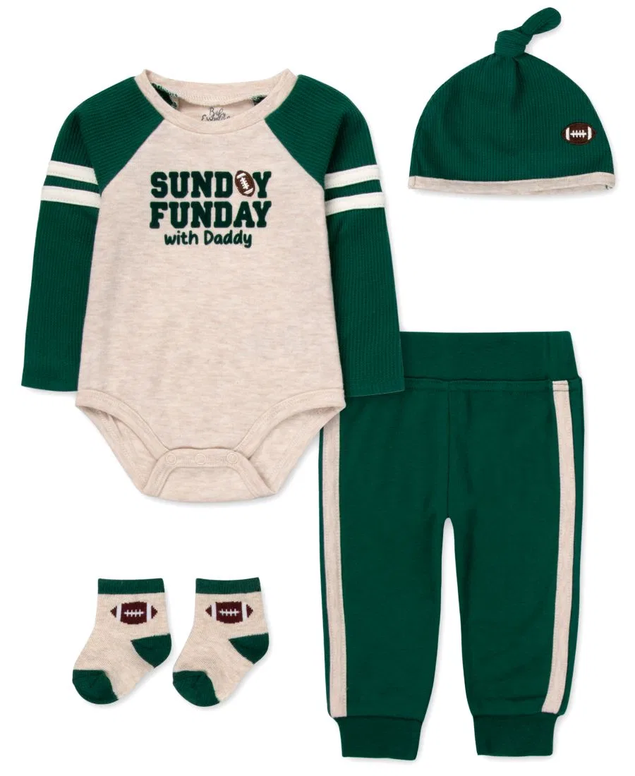 Комплект из 4 предметов для малыша с футбольным принтом, Sunday Funday with Daddy Baby Essentials, Green