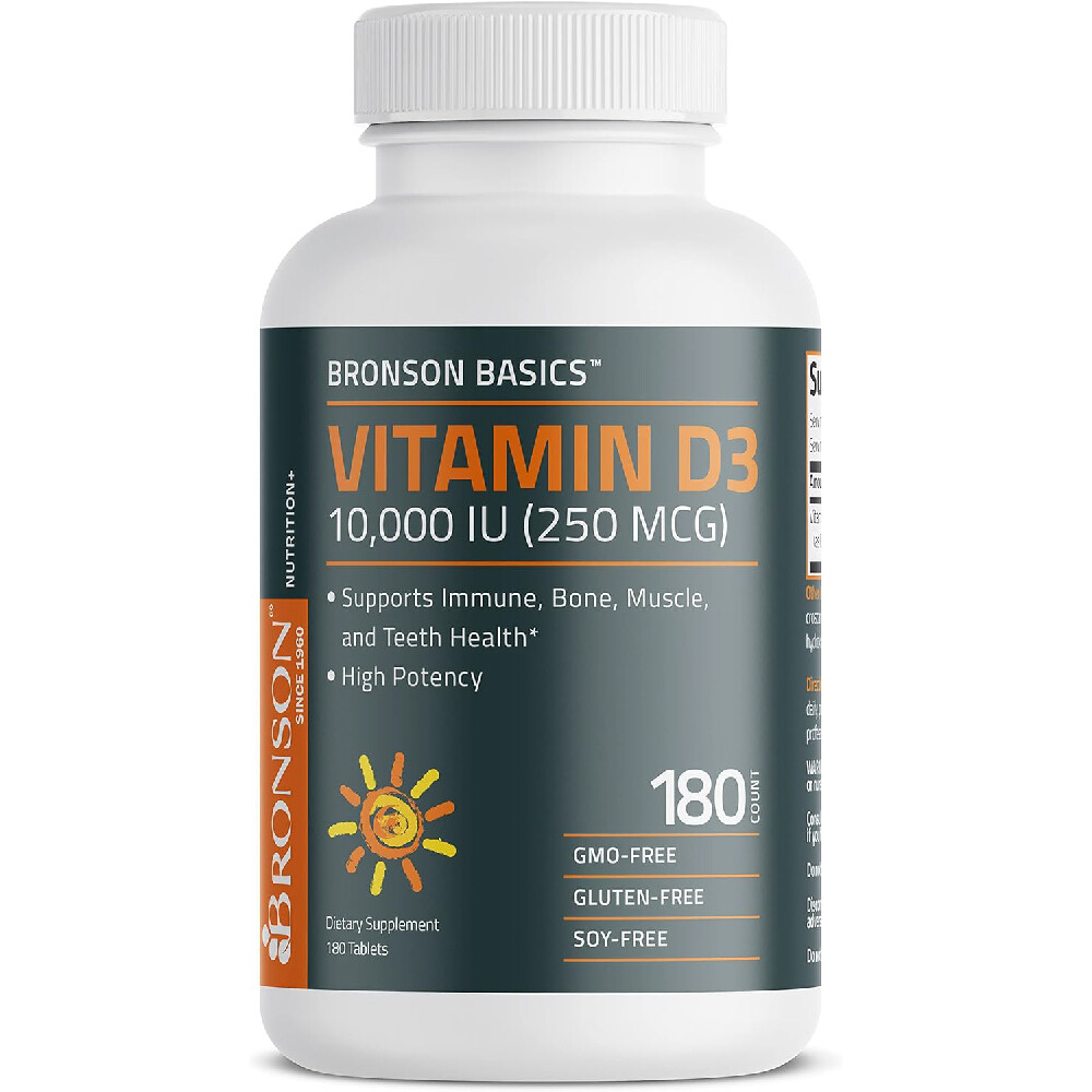 

Витамин D3 Bronson Vitamin Year Supply for Healthy Muscle Function and Immune Support, 10 000 МЕ (250 мкг), 180шт