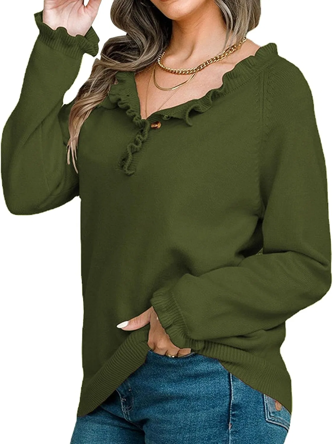 Женский свитшот с рюшами, модель Ruffle Sweaters, армейский зелёный — фото 2