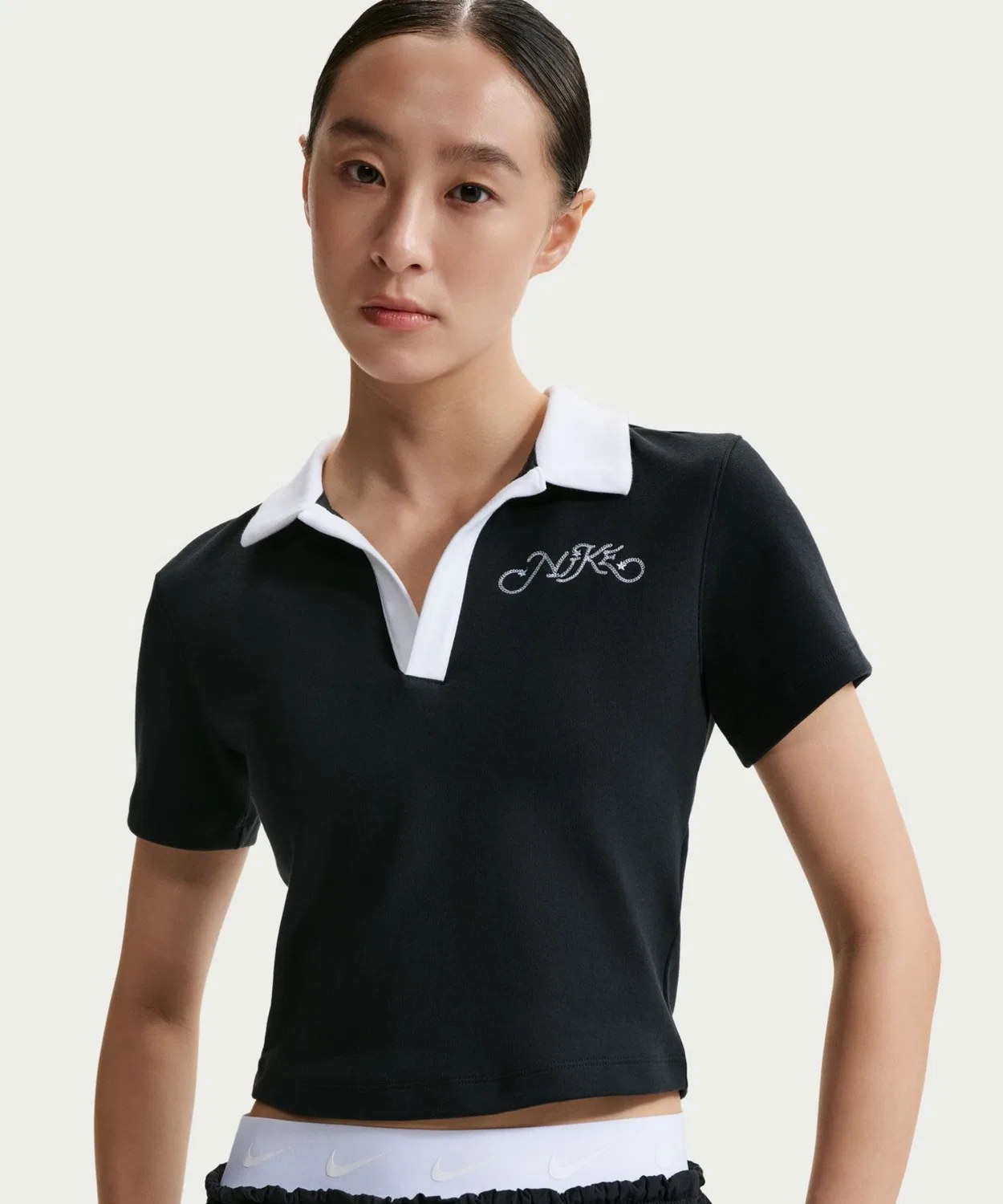 Женский поло с коротким рукавом, без принта, хлопковый NIKE, Black/White