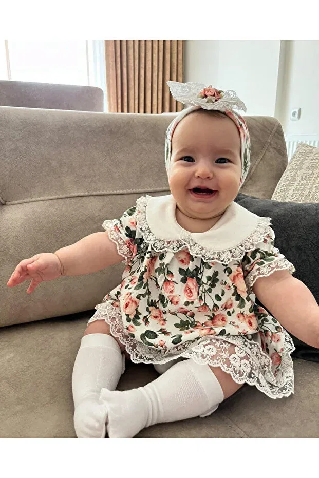 Детское платье для девочек с принтом Floral 100% Cotton Combed Cotton Lace Baby Girl Panty Summer Short Sleeve Dress Bandana Set Newborn Jammybaby, Çok Renkli — фото 2