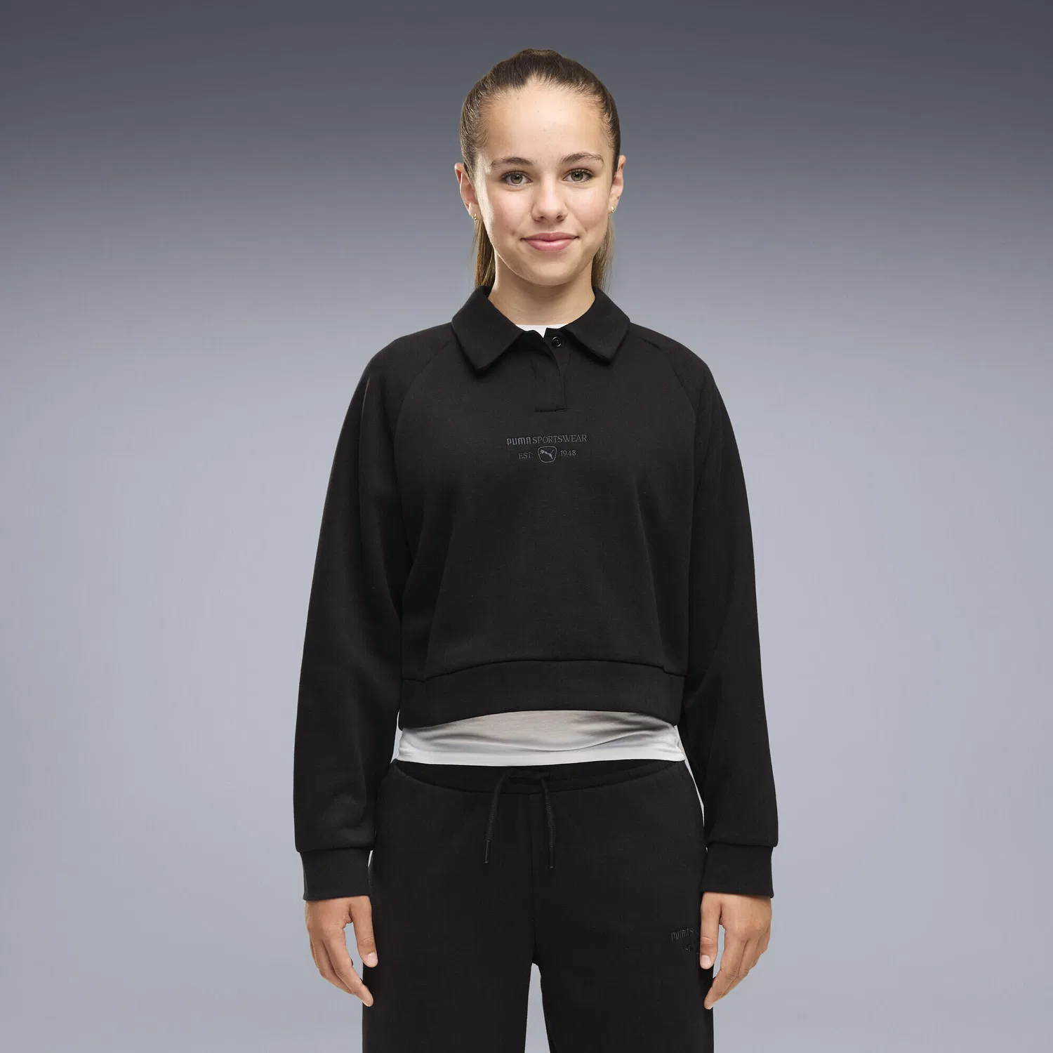 Детский флисовый свитшот-поло PUMA Class Relaxed Cropped Fleece Sweatshirt, Puma, Schwarz — фото 2