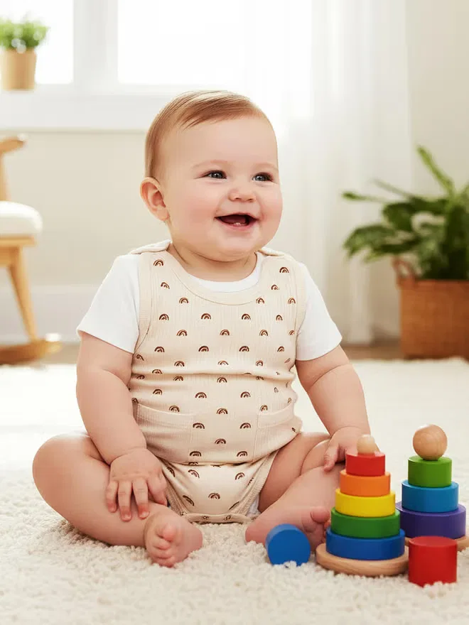 Боди-комбинезон из рубчатого хлопка с футболкой с короткими рукавами Babies Basic, кремовый — фото 2
