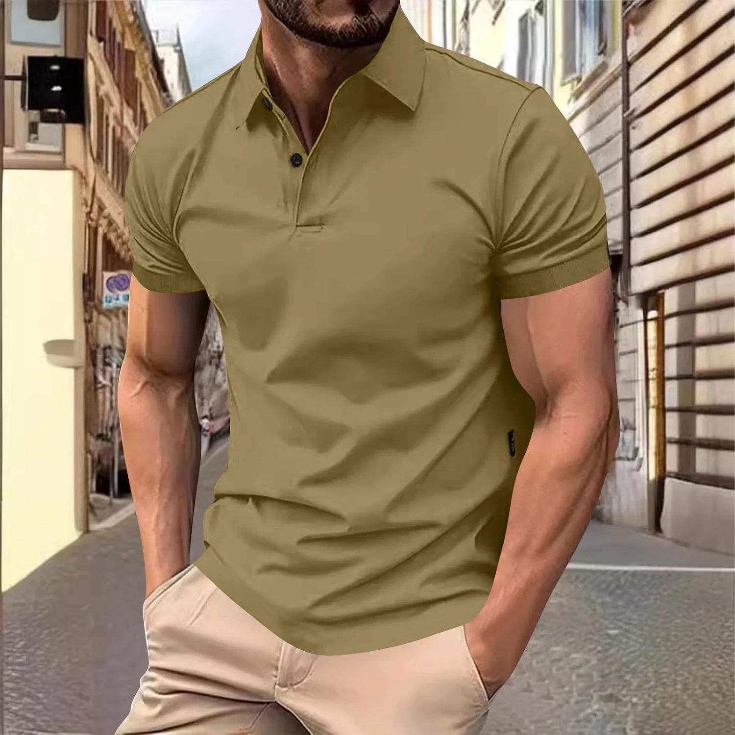 Мужская футболка с воротником тенниска Generic, Khaki — фото 2