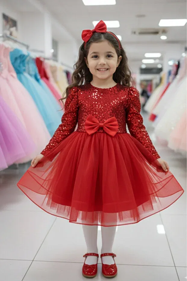 Детское платье для девочек с пайетками Velvet Sequined Long Sleeve Puffy Children's Evening Dress Abiyekids, Red — фото 2