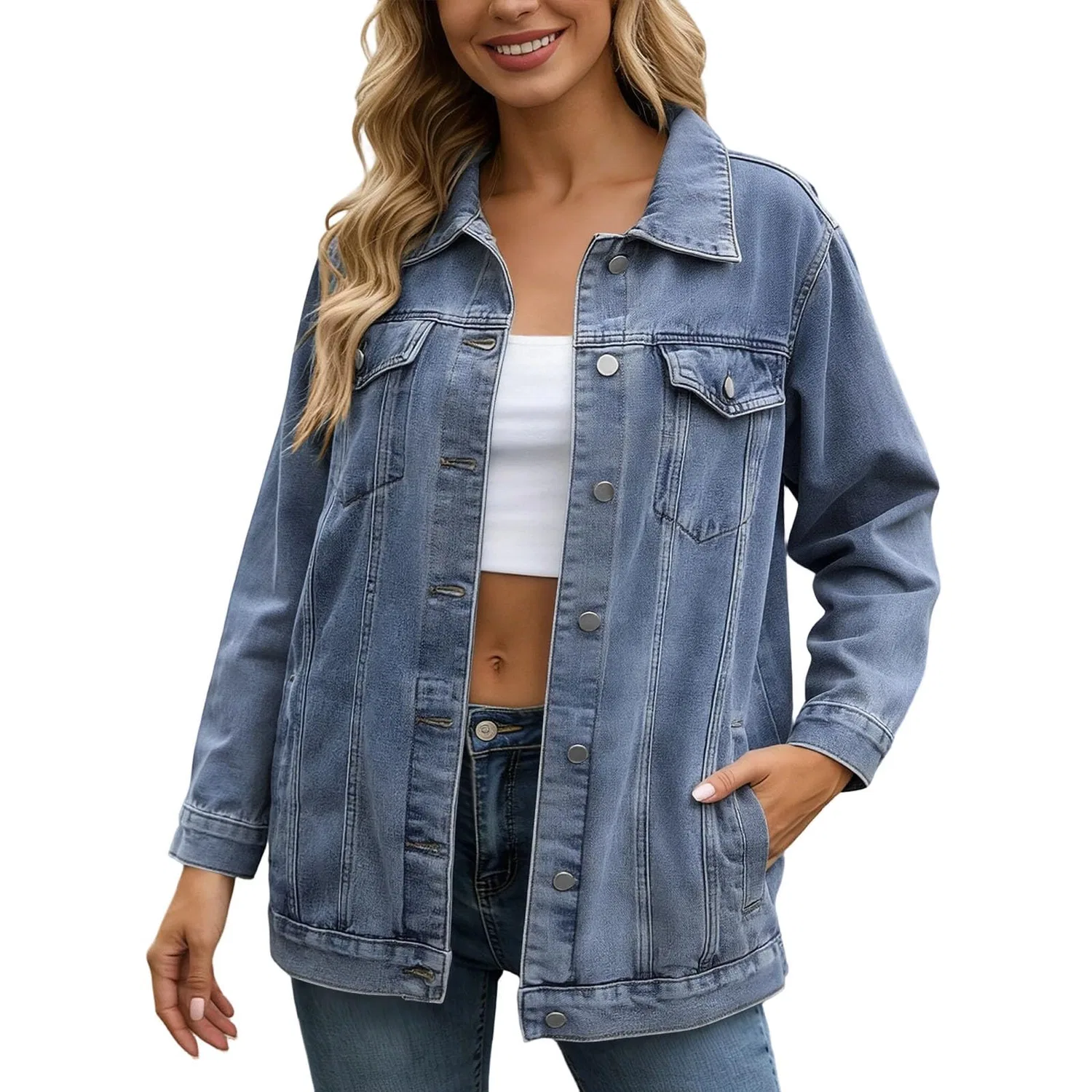 Женский джинсовый жилет без рукавов Mid Long Jean Gilet, Azzurro