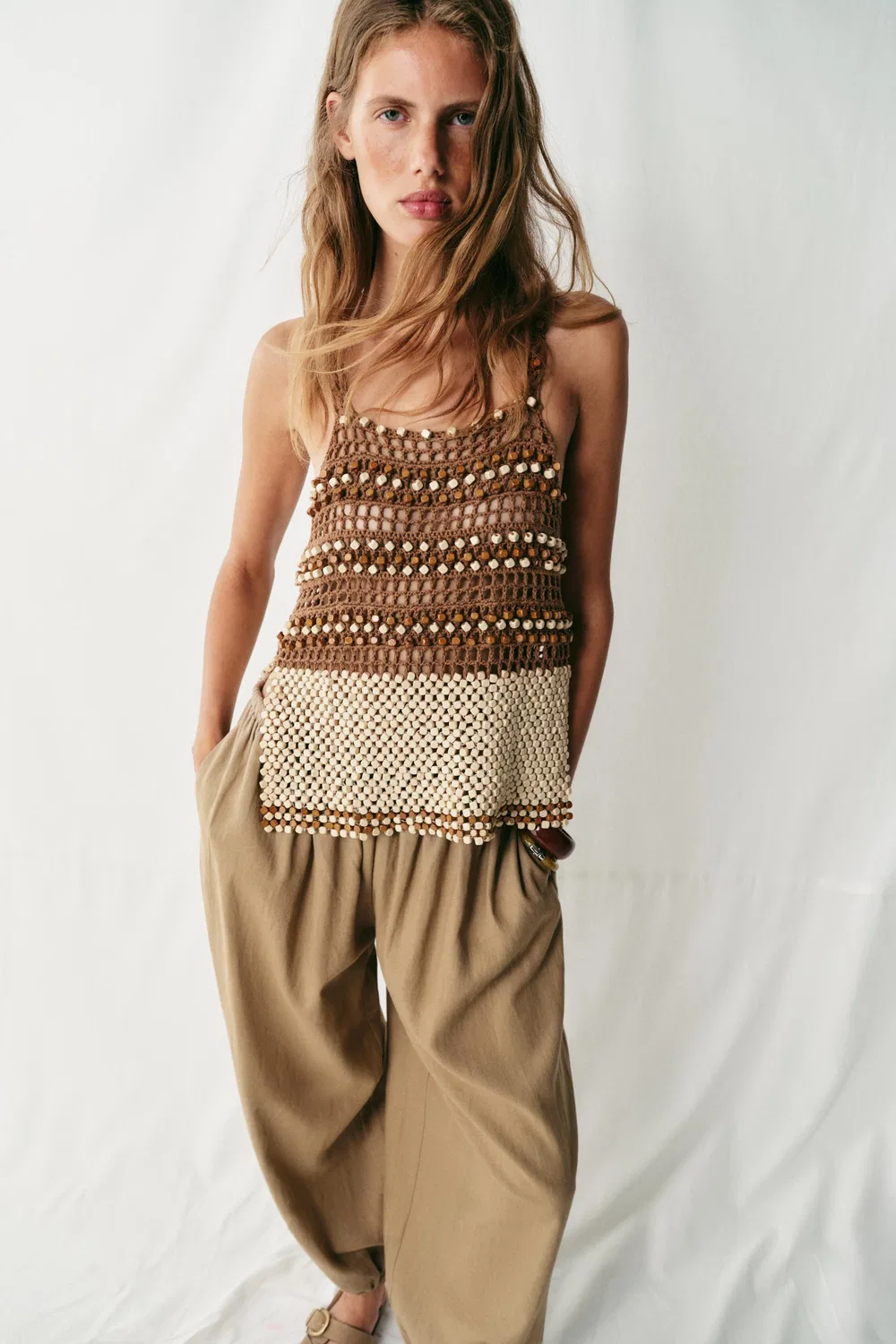 Брюки-саруэль из льняной смеси ZARA, Sand — фото 3