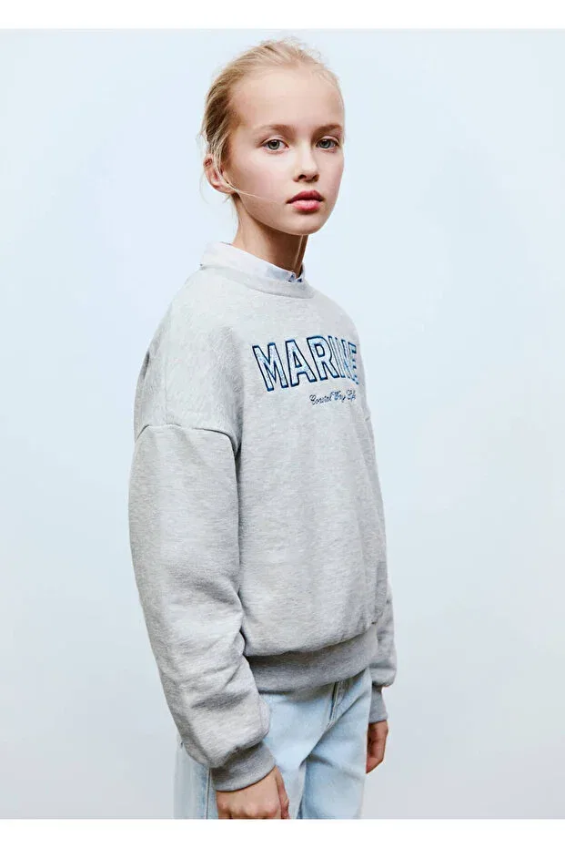 Детские свитшот для девочек хлопковый Message Embroidered Cotton Sweatshirt Mango Kids, Light Grizzled Gray