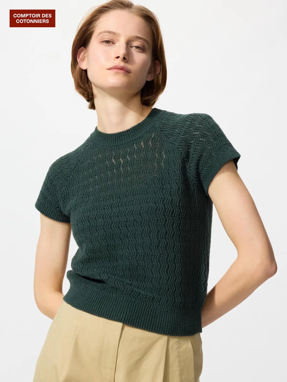 Свитер Uniqlo Льняной с круглым вырезом, темно-зеленый
