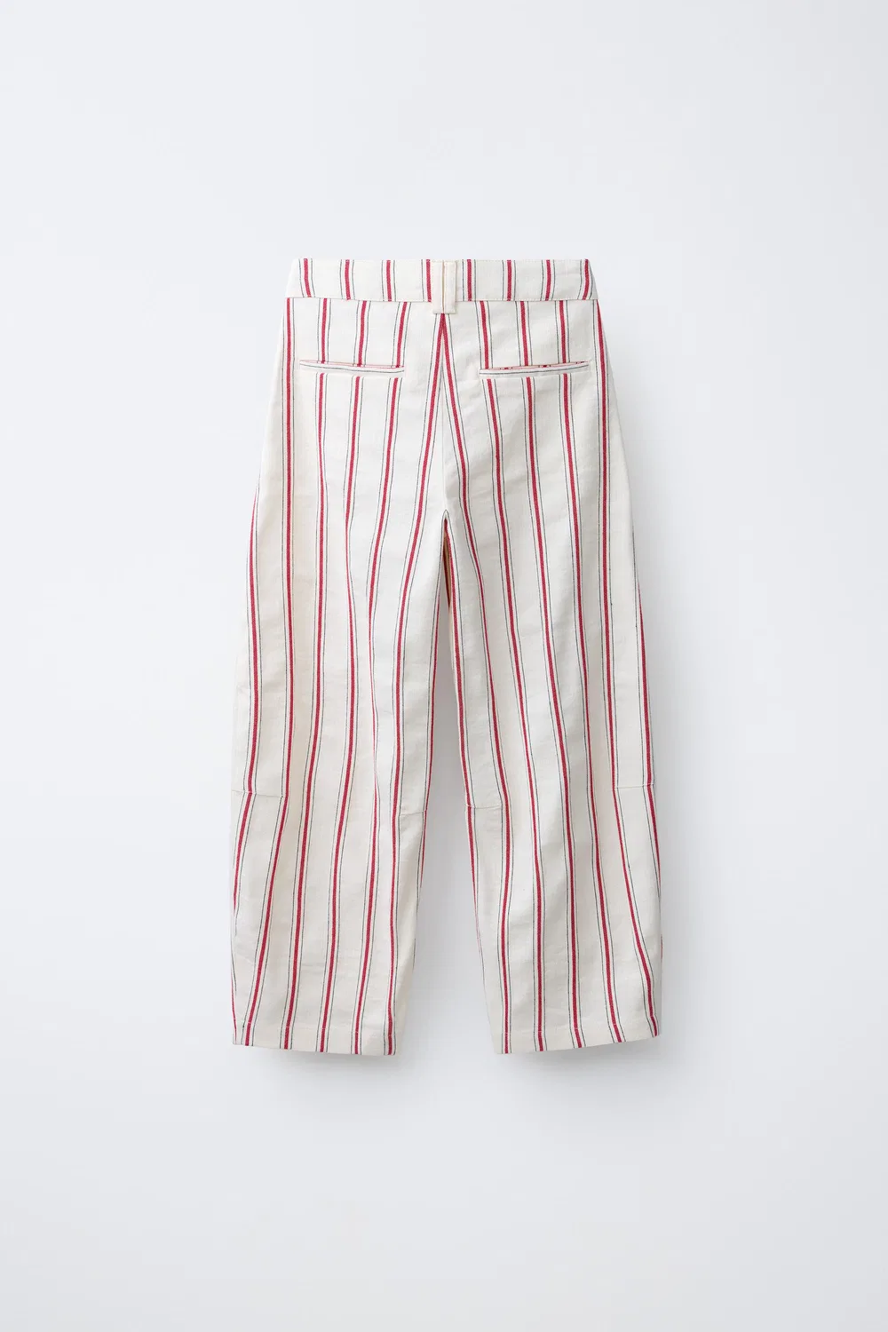 Полосатые хлопково-льняные брюки-бочки ZARA, Ecru/Red — фото 2