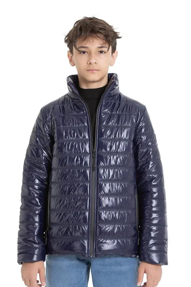 Детский пуховик для девочек блестящий Asyakids Club, Navy Blue — фото 3