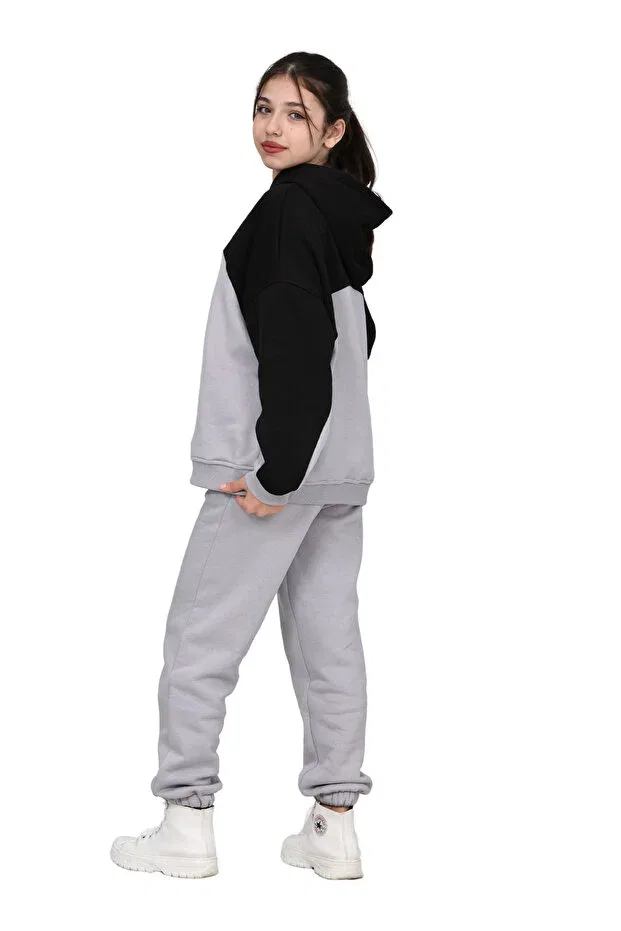 Детский спортивный костюм для девочек оверсайз из начеса Erdem Kids, Gray-Black — фото 2