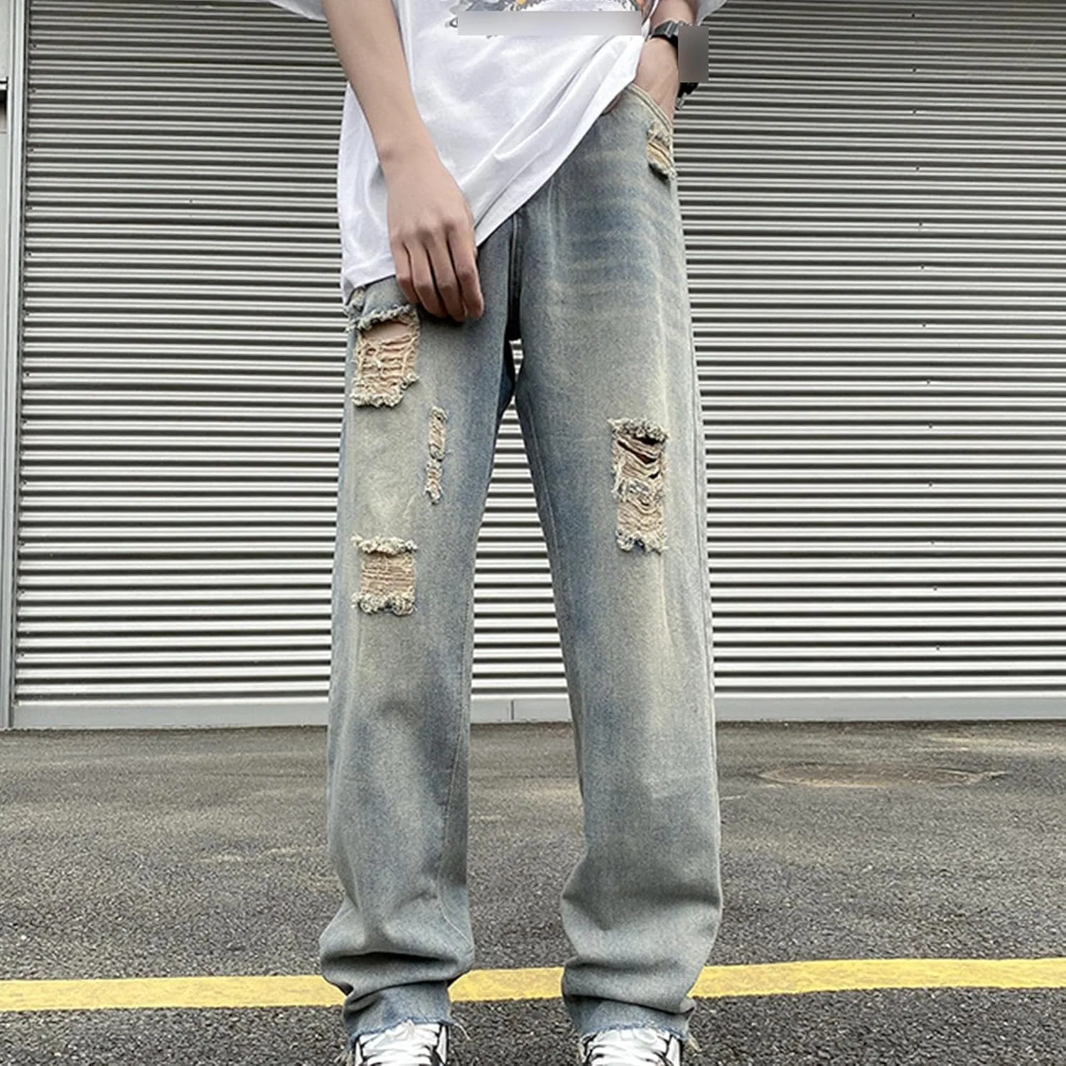 Джинсы свободные, рваные, Men's, синие — фото 2
