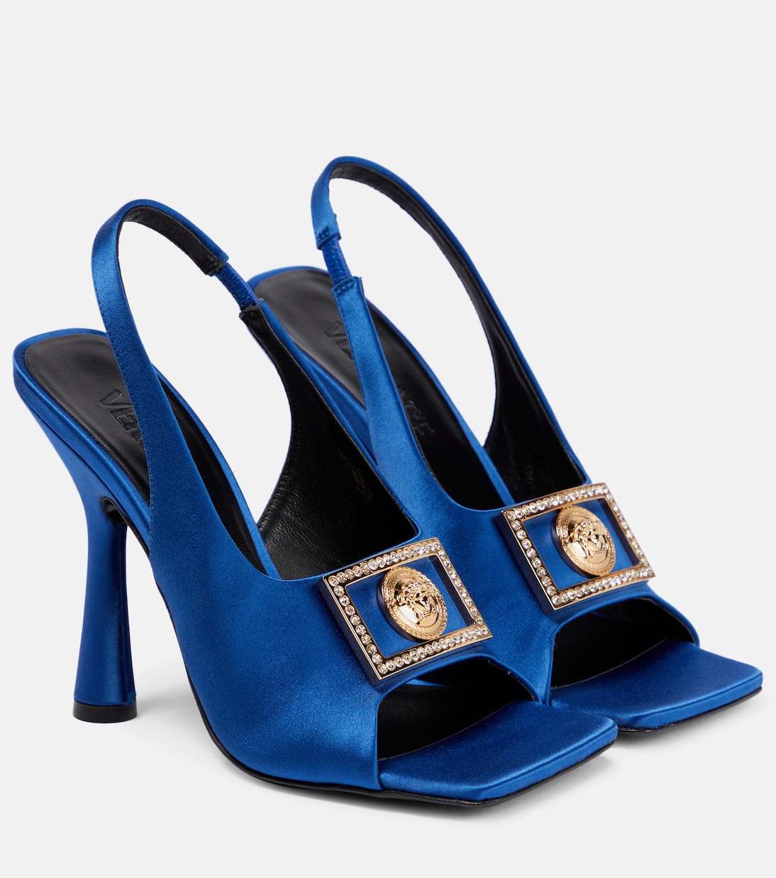 Атласные босоножки с открытой пяткой Medusa Versace, Royal Blue