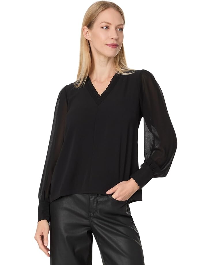 

Топ CeCe Long Sleeve V-Neck Top W/ Combo Sleeve & Neckline, цвет Rich Black