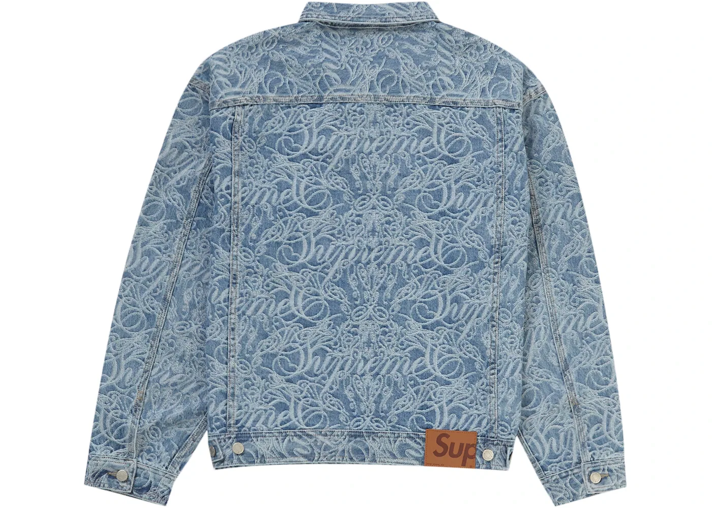 Мужская джинсовая куртка с жаккардовым принтом Supreme Script Jacquard Denim Trucker Jacket, Washed Blue — фото 2