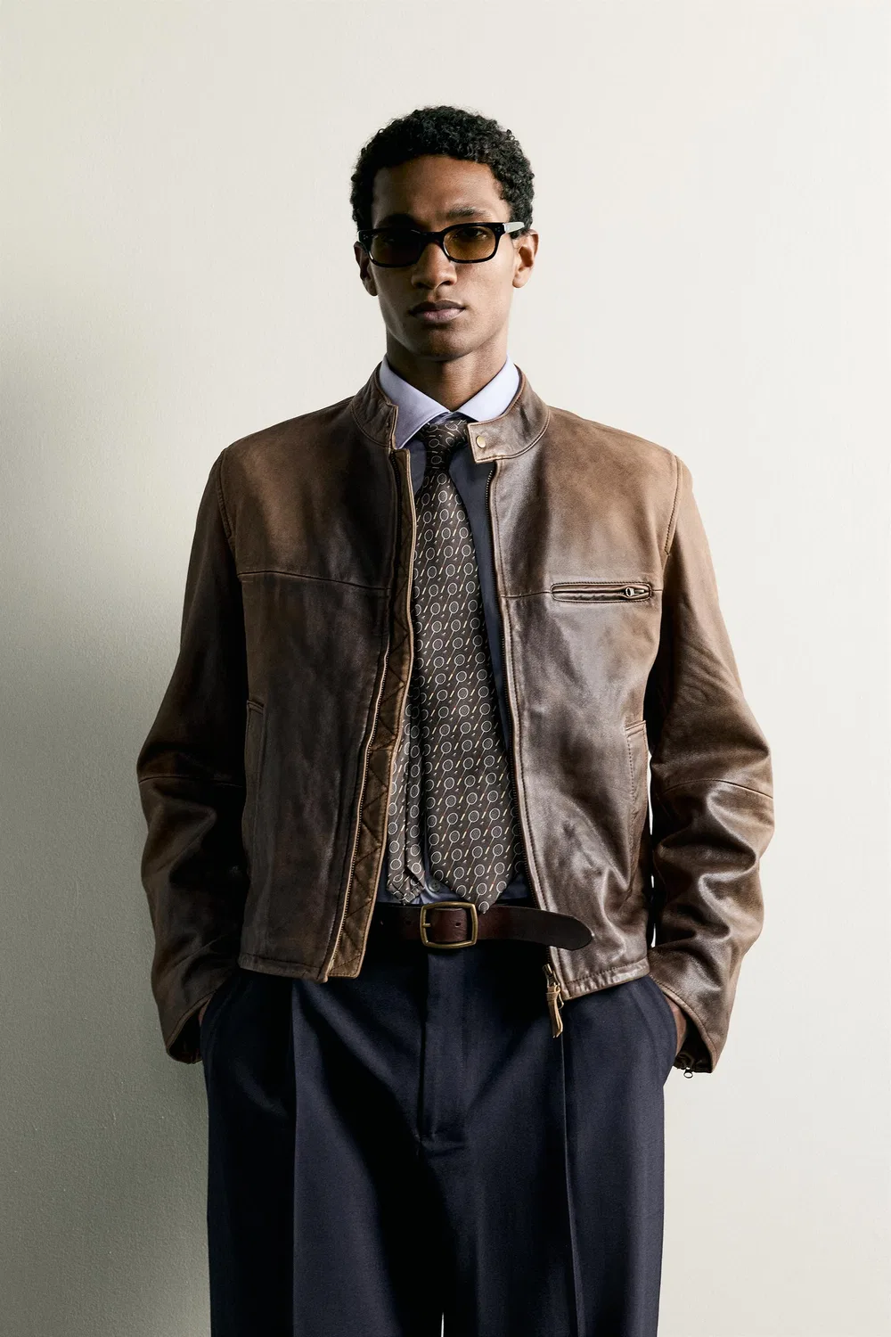 Куртка-косуха из выстиранной кожи ZARA, Brown — фото 2