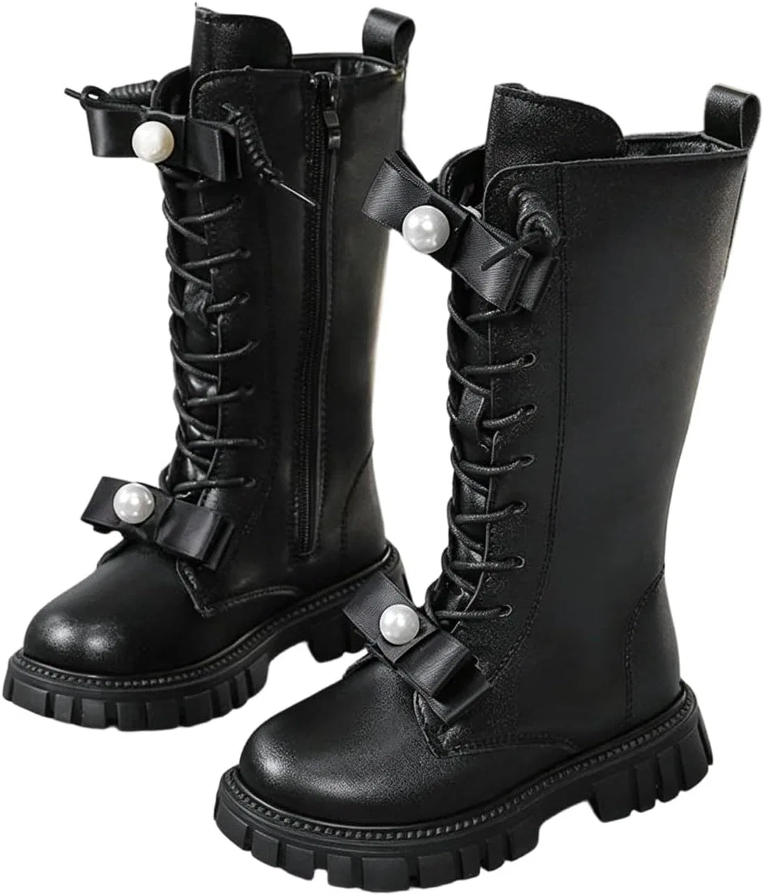 Детские ботинки на шнуровке с бантом и жемчугом Girls Lace Up Combat Boots Zzalalana, Black