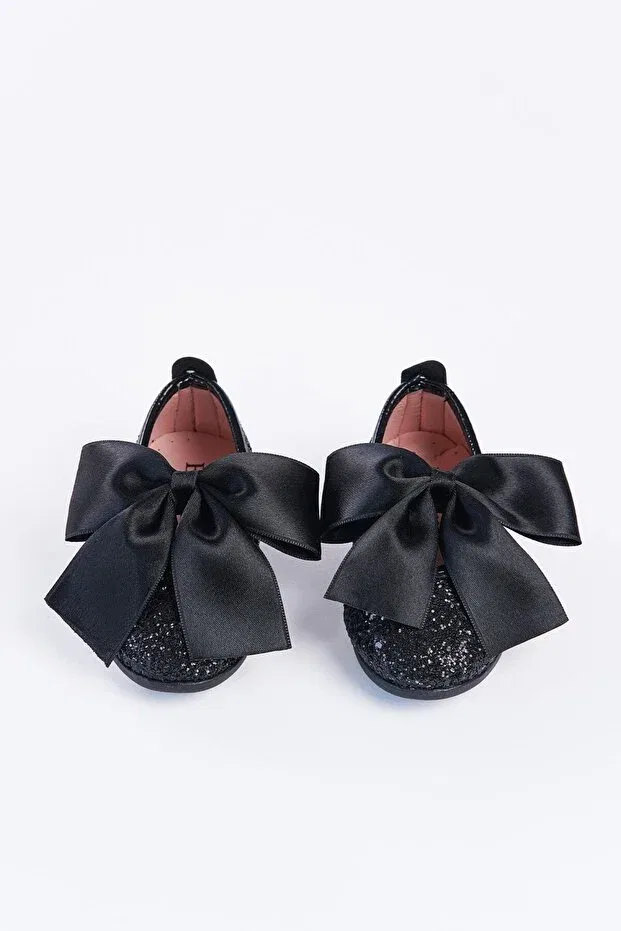 Детские балетки для девочек с каблуком Shuu bow broken glass stone coated girl's shoes Banamio, Black — фото 2