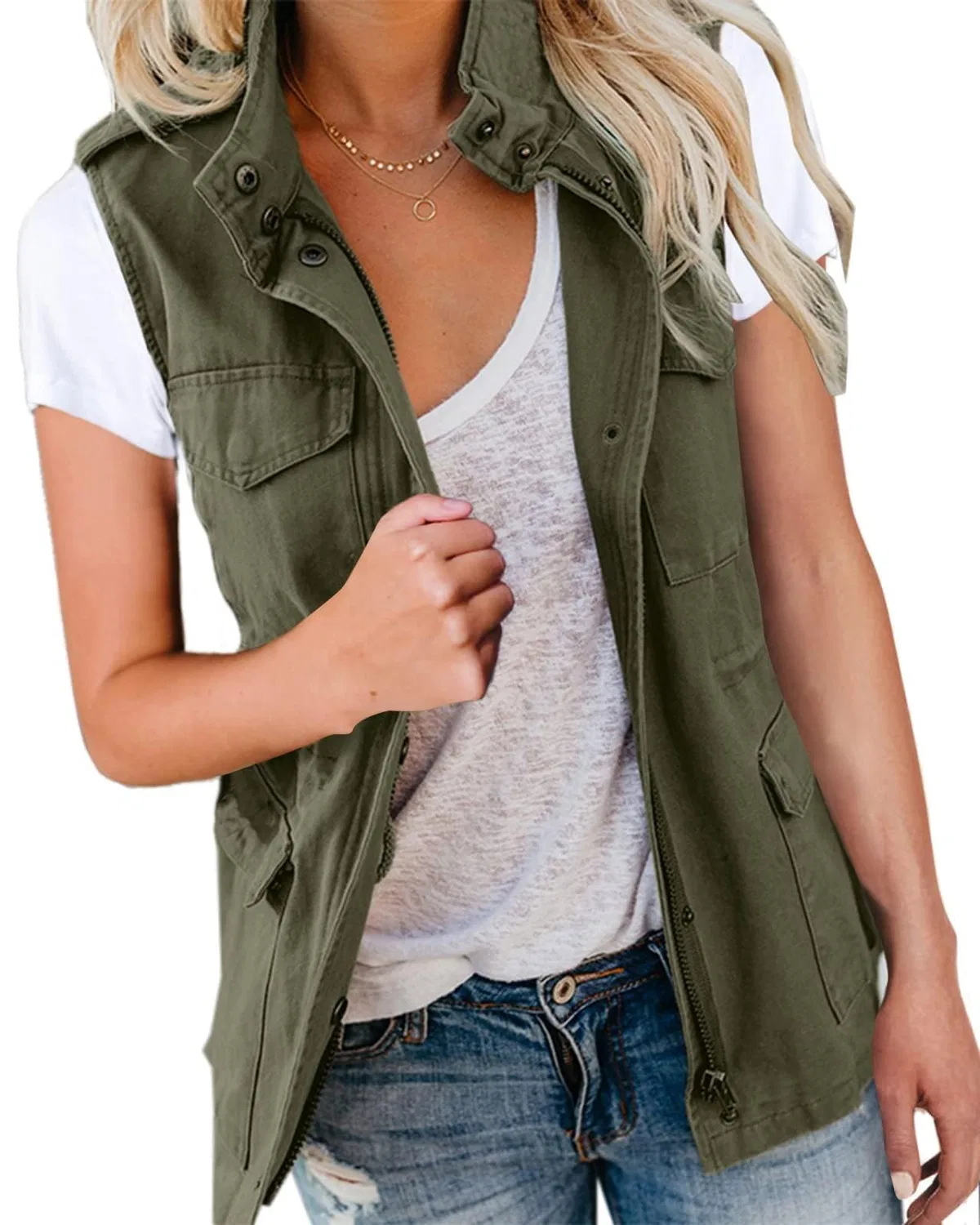 Женский жилет без рукавов с карманами и кулиской, Verde militare