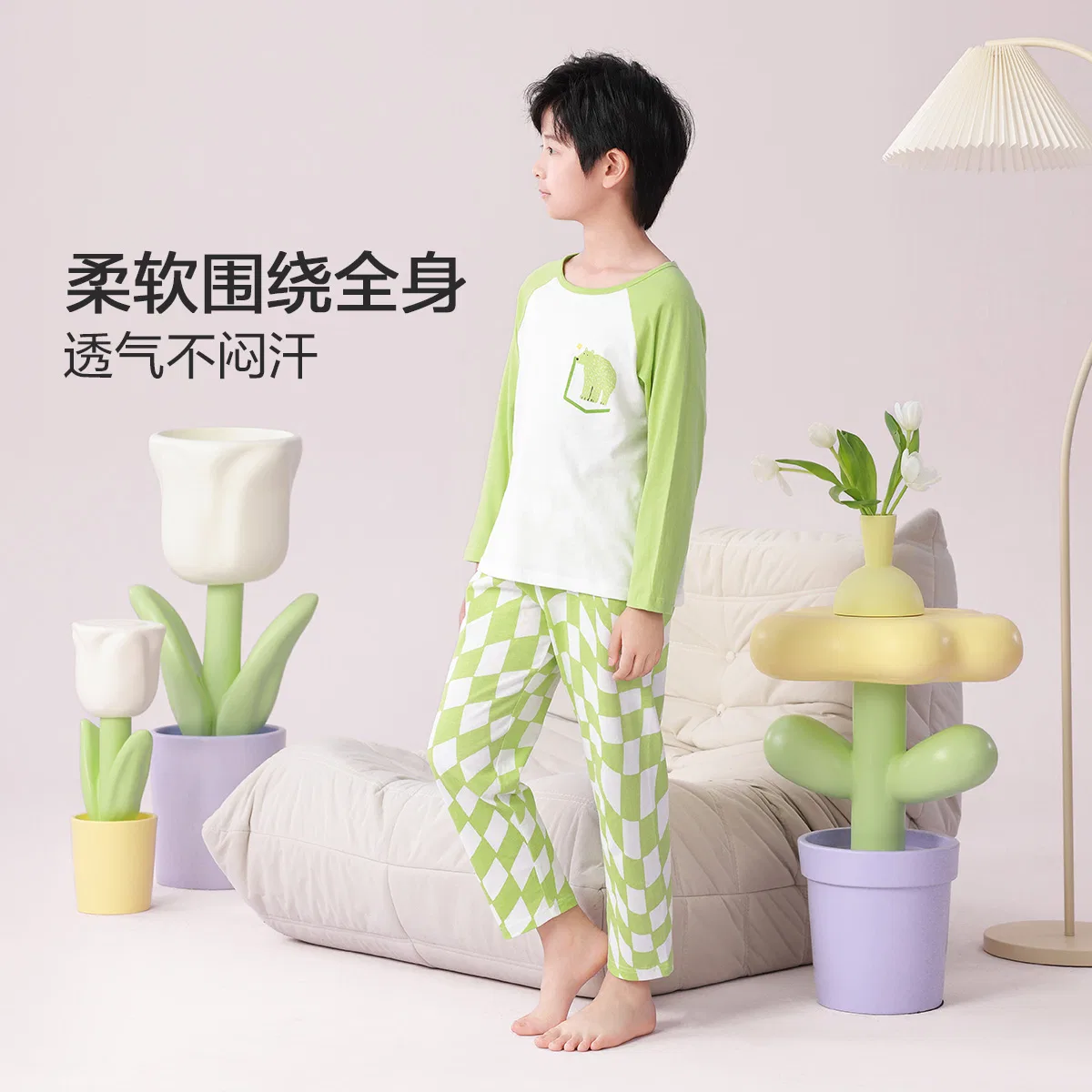 Детский комплект домашней одежды с принтом Red bean Red Bean Homewear Animal Print Round Neck Raglan Long Sleeve Top Elastic Waist Pants Spring Green, Spring Morning Green — фото 4