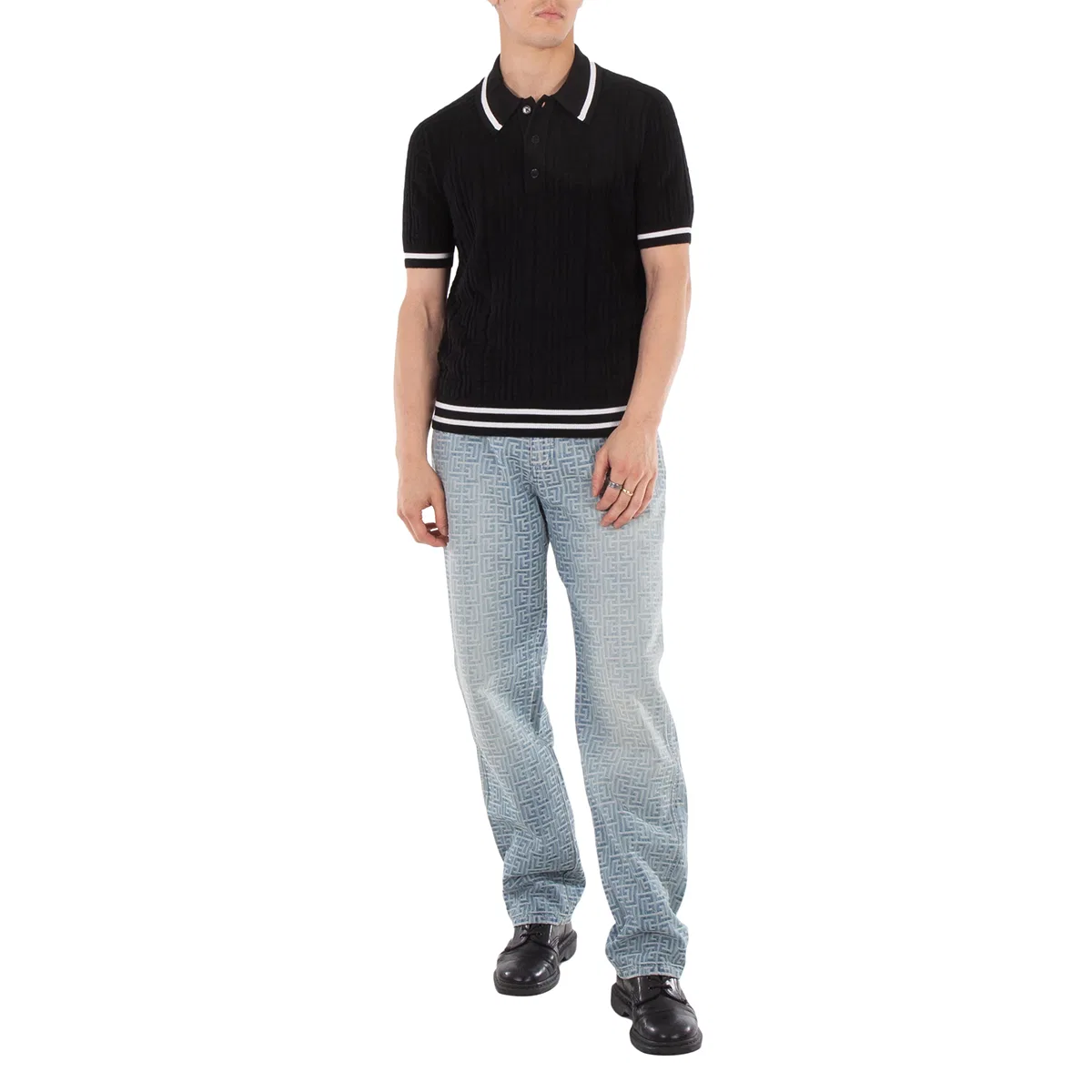 Мужской поло из шерсти с принтом 4G Knitted Wool Polo Shirt Balmain, Noir Blanc — фото 3