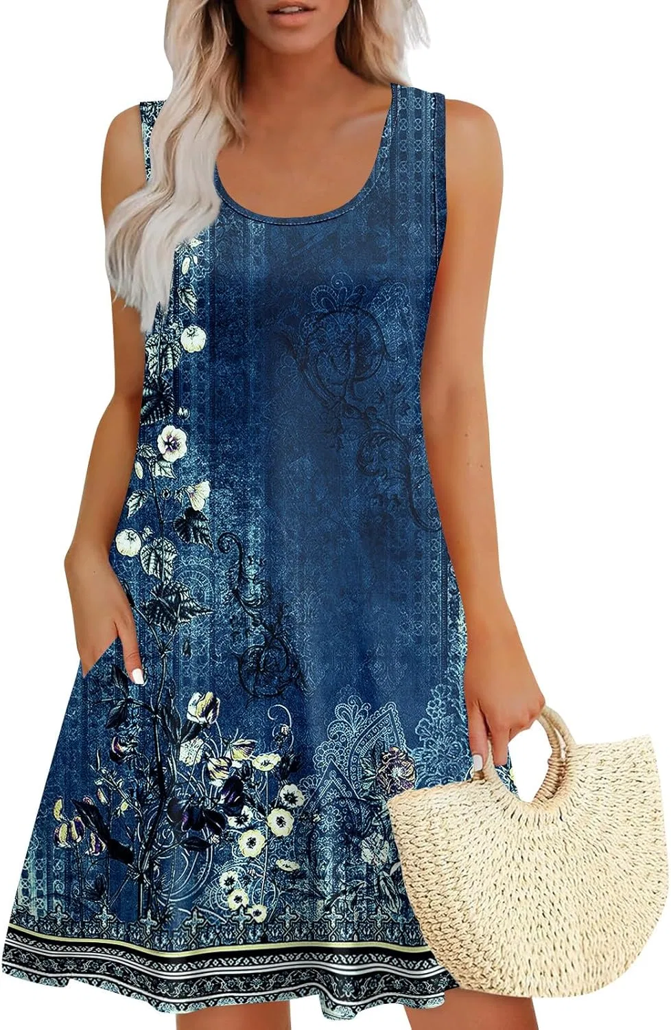 Женское летнее платье с цветочным принтом без рукавов, Royal Blue