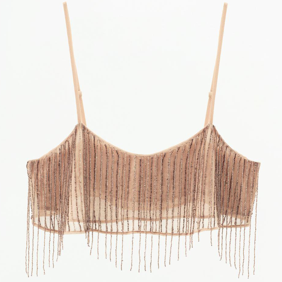 

Топ Zara Crepe With Fringing And Beads, розовато-бежевый