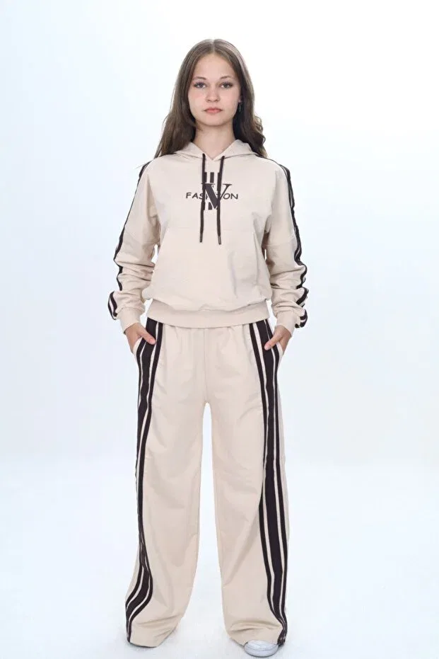 Детский спортивный комплект для мальчиков из двух предметов Oversize 2 thread girls sports bottom & top tracksuit set Joui Co, Beige