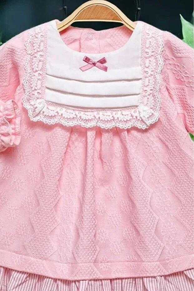 Детское платье для девочек с принтом Floral Embroidered Lace Detailed Bowknot Dress 0-2 Years Self-Patterned Fabric Dinamik Çocuk, Pink — фото 3