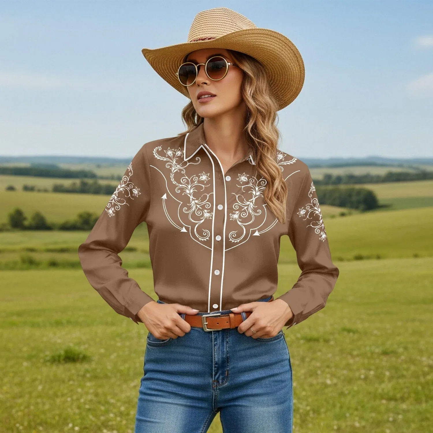 Женская блузка с принтом Cowboy Print Slim Fit, Mocha — фото 2