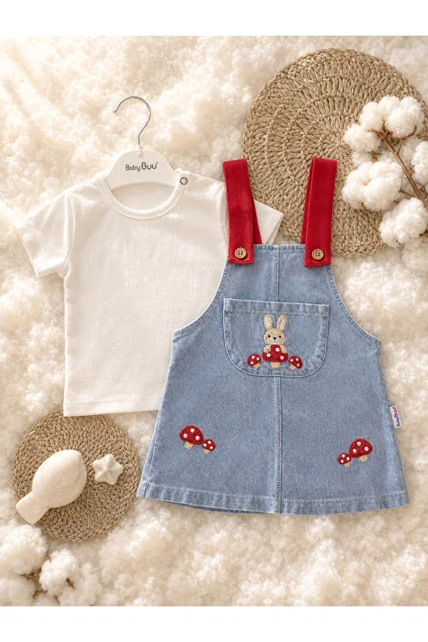 Детский комбинезон-сарафан для девочек с принтом Rabbit Mushroom Embroidery Detailed Baby Girl Salopet Dress Set of 2 Aslin Store, Blue