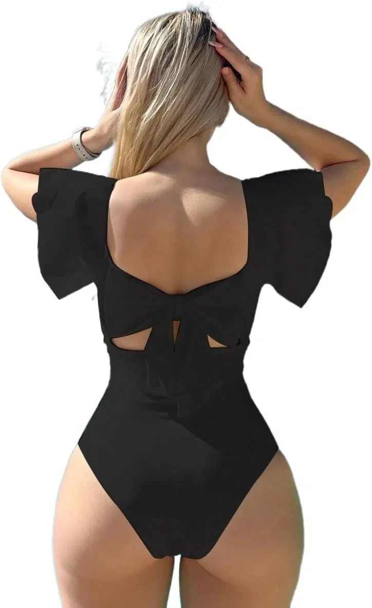 Женский цельный купальник с рюшами и драпировкой, Black — фото 2