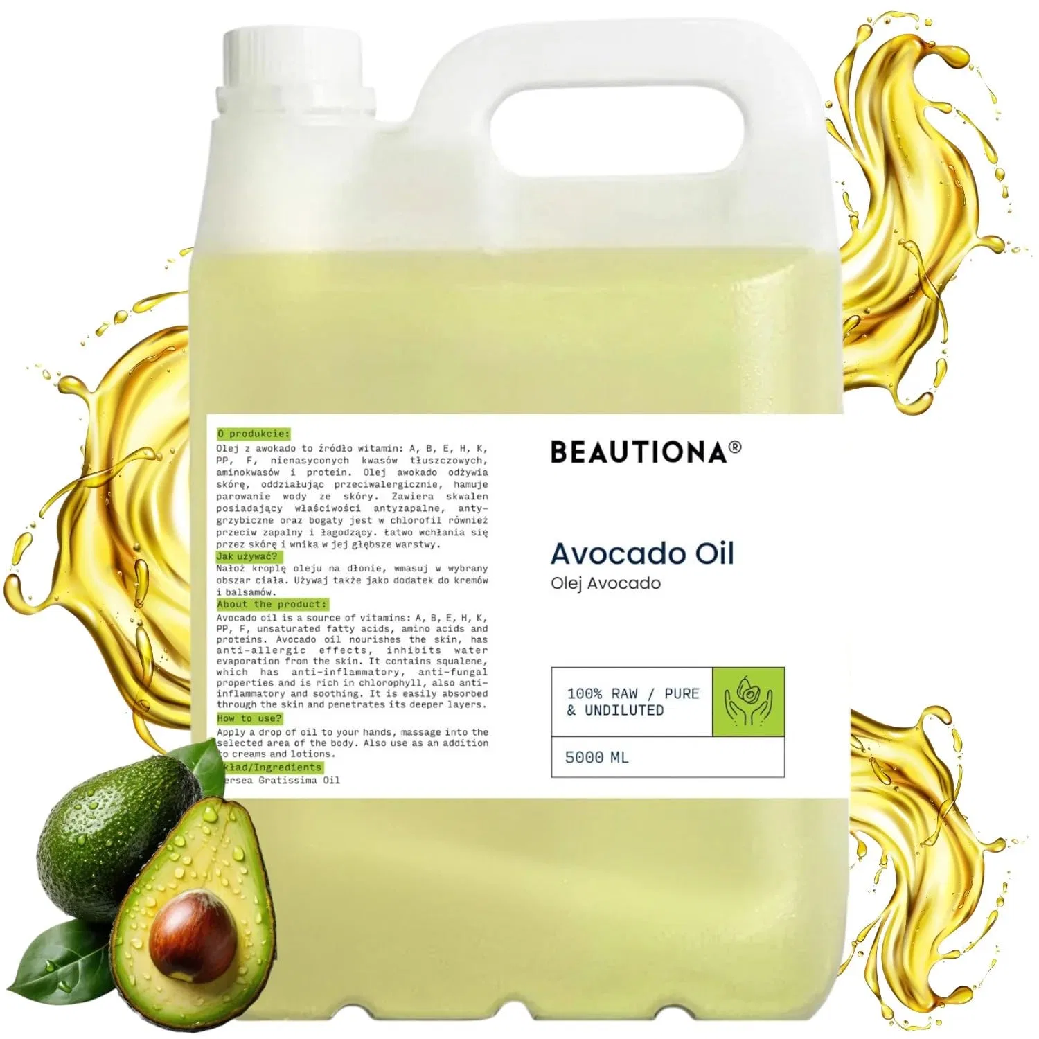 Масло для тела и волос Avocado Oil, BEAUTIONA, 5 л, холодного отжима