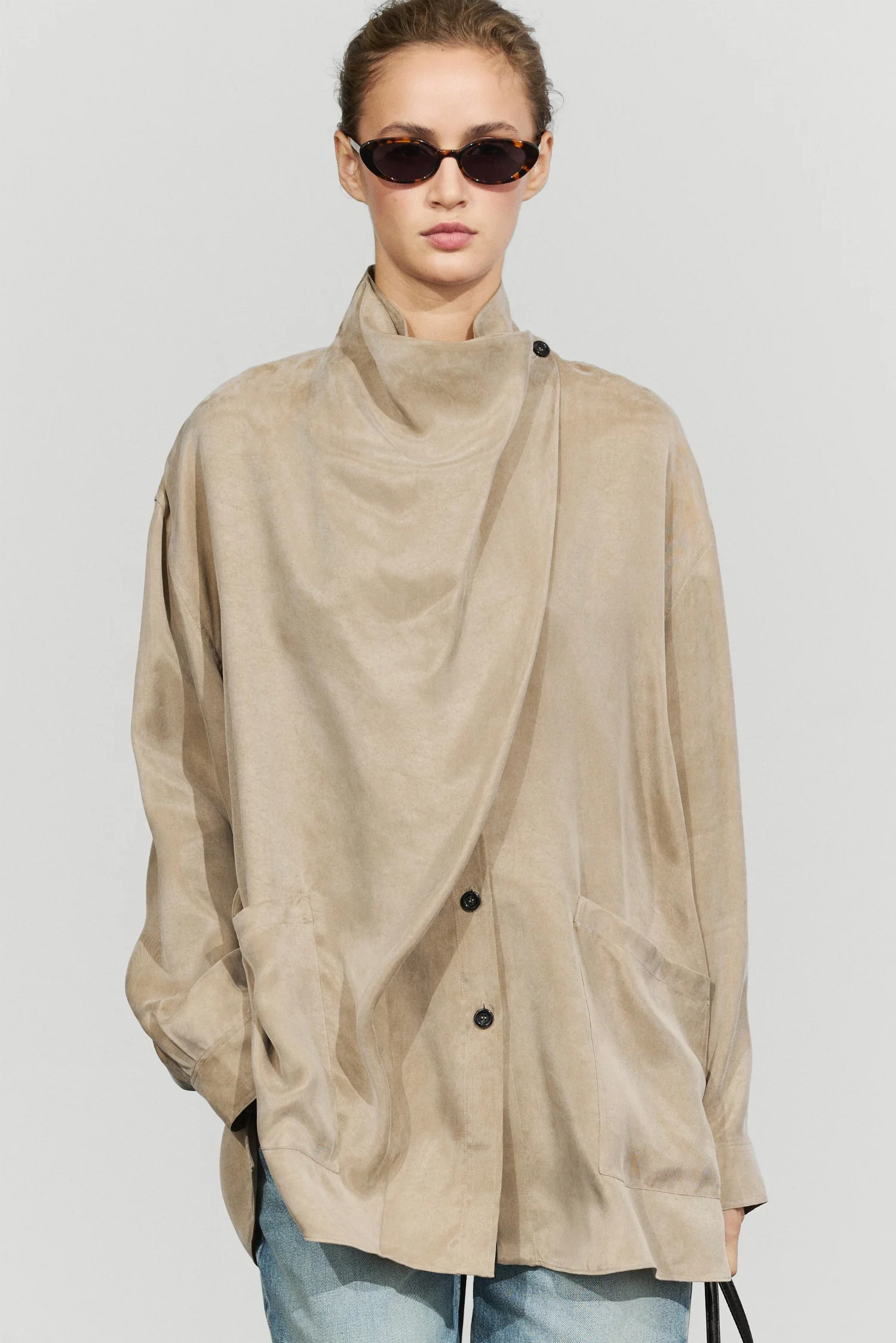 Рубашка Massimo Dutti High Neck Wrap, песочный — фото 2