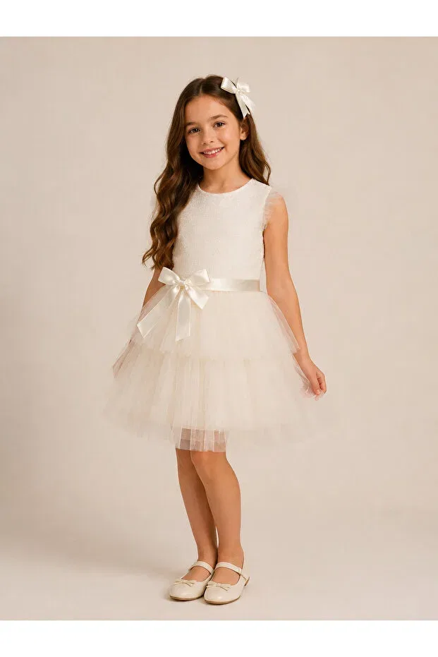 Детское платье для девочек с коротким рукавом Tutu Dress With Bow Detail Tinytrends, White — фото 3