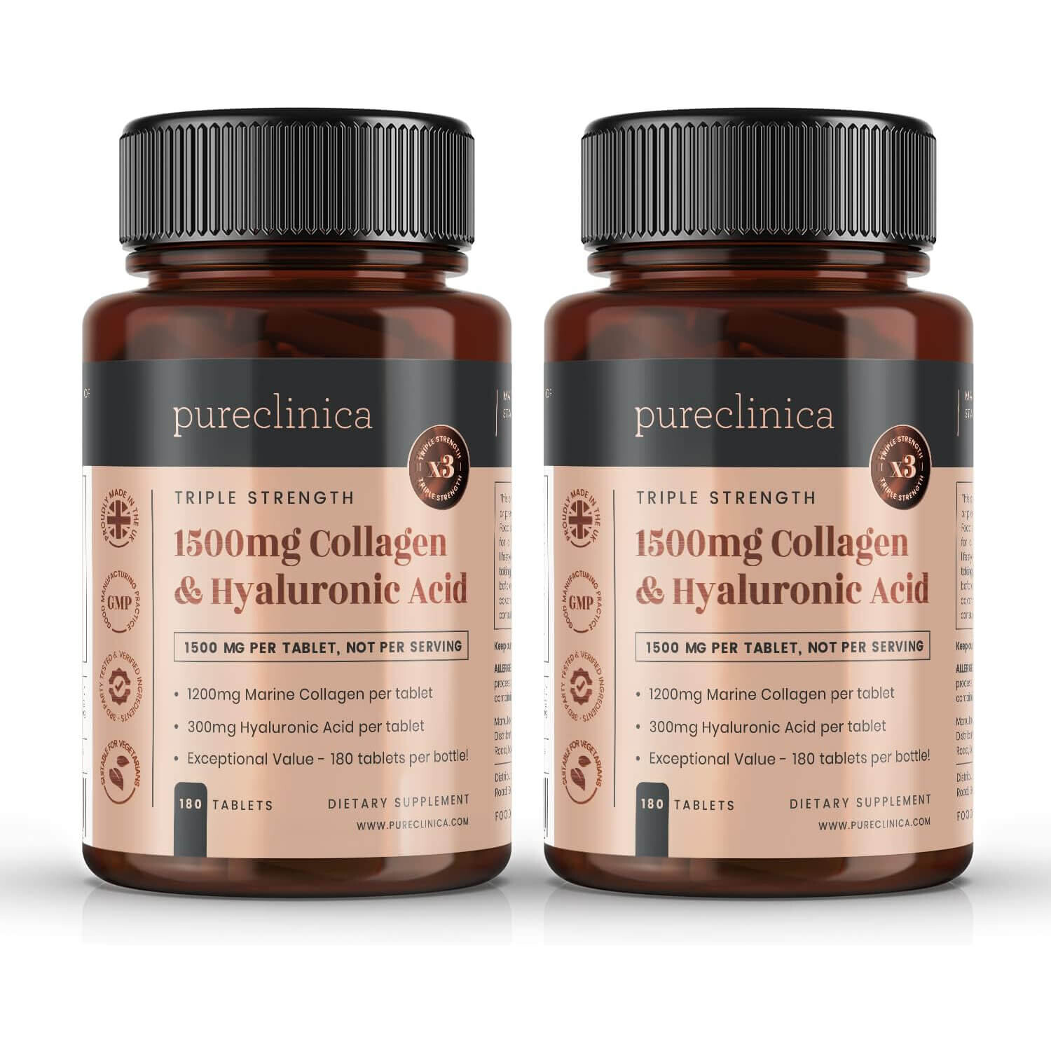 

Комплекс коллагена с гиалуроновой кислотой Pureclinica UltraColl 1500 мг, 2 упаковки по 180 таблеток