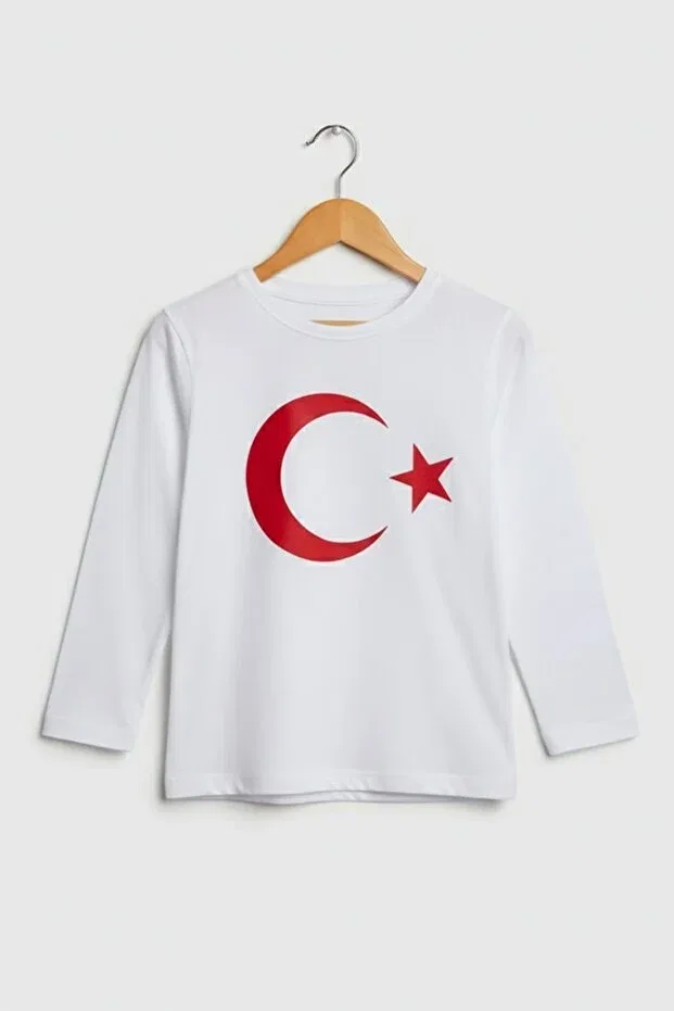 Детская футболка с длинным рукавом с принтом Crescent Star Turkish Flag Printed Cotton 23 April Boys And Girls Dmb Boys & Girls, White — фото 3