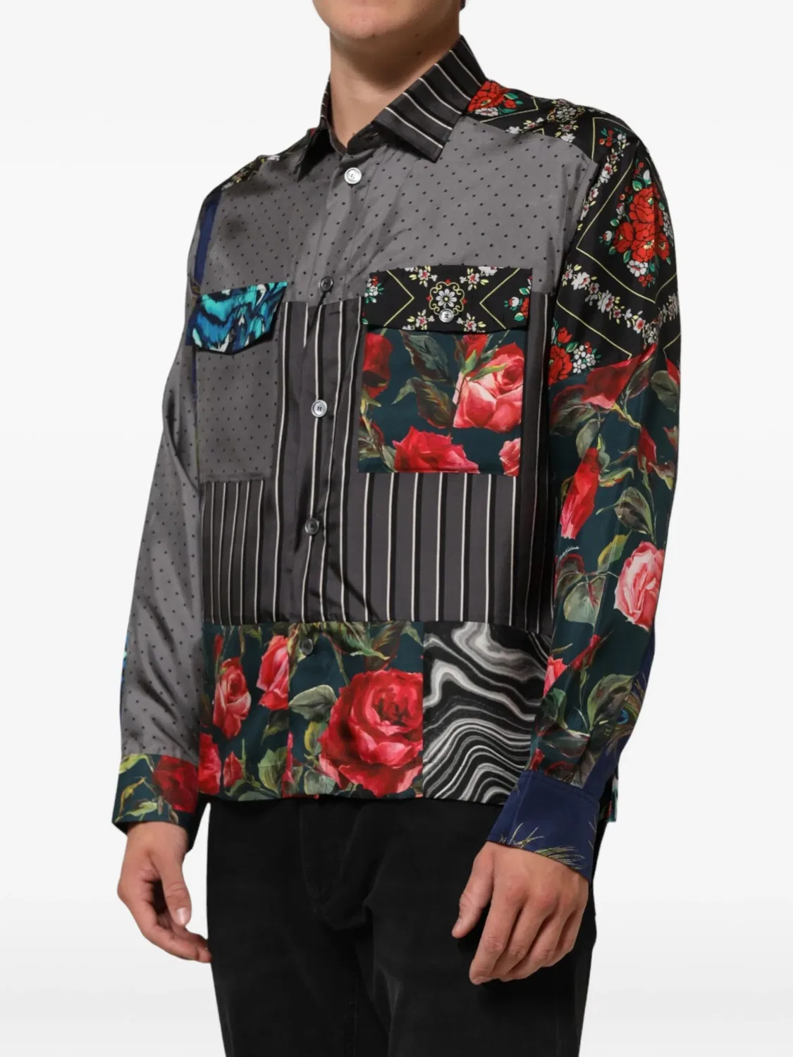 Шелковая рубашка в стиле пэчворк Dolce & Gabbana, черный — фото 4