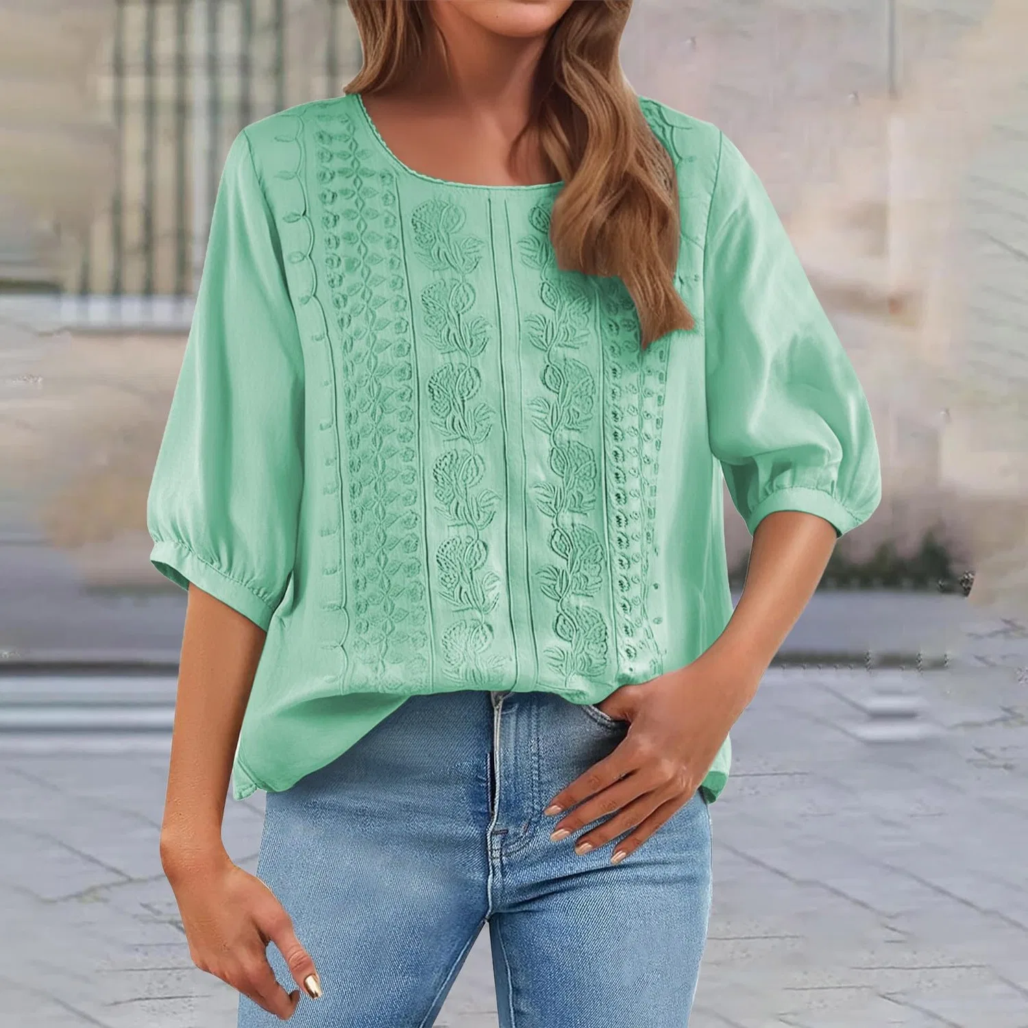 Женская блуза с принтом Women Linen Shirt 3/4 Sleeves Casual Vintage Floral Embroidery Print Chinese Shirts Summer Boho Tops Comfortable Blouses for Women, Z03-mint Green — фото 2